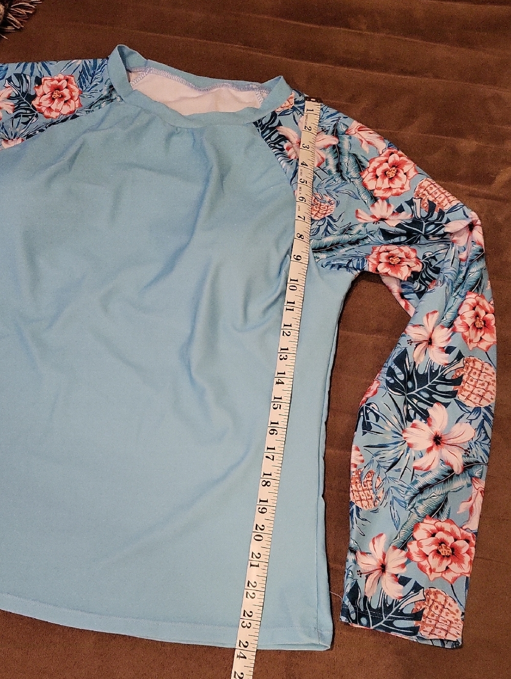 Light Blue Floral Long-Sleeve Swimsuit Top Women's Size XL - Picture 3 of 4